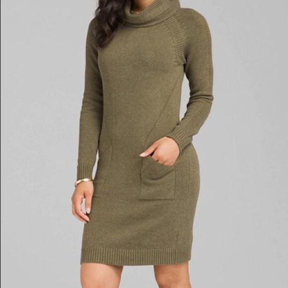 Prana Dresses & Skirts - Prana Bisque Knee-Length Cowl Sweater Dress S Wool Blend Olive Green